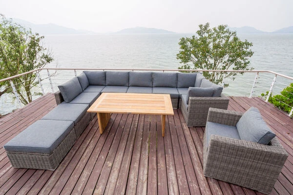 OUTFLEXX Loungegarnitur, Polyrattan/Teakholz, Tisch 160x90cm, Für 10 Personen, Wasserfeste Kissenbox 17 OUTFLEXX Loungegarnitur, Polyrattan/Teakholz, Tisch 160x90cm, Für 10 Personen, Wasserfeste Kissenbox – Bild 17
