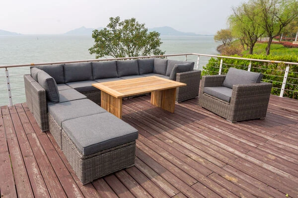 OUTFLEXX Loungegarnitur, Polyrattan/Teakholz, Tisch 160x90cm, Für 10 Personen, Wasserfeste Kissenbox 18 OUTFLEXX Loungegarnitur, Polyrattan/Teakholz, Tisch 160x90cm, Für 10 Personen, Wasserfeste Kissenbox – Bild 18