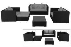 OUTFLEXX Loungemöbel-Set, 5 Personen, Schwarz, Polyrattan, Inkl. Kaffeetisch, Wasserfeste Kissenbox