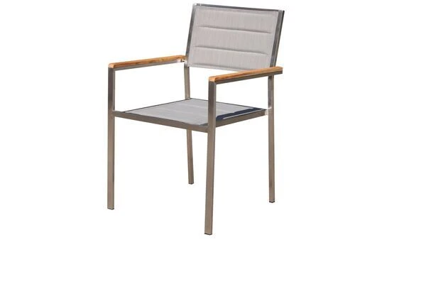 OUTFLEXX Stuhl, Silber, Edelstahl/Textilene, Padded, Armlehnen Aus FSC-Teakholz, 62x56,5x86cm 1 OUTFLEXX Stuhl, Silber, Edelstahl/Textilene, Padded, Armlehnen Aus FSC-Teakholz, 62x56,5x86cm