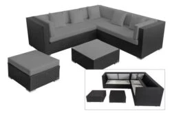 OUTFLEXX Loungemöbel-Set, Schwarz, Polyrattan, 6 Personen, Wasserfeste Kissenbox, Inkl. Kaffeetisch