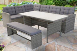 OUTFLEXX Loungemöbel, Hellgrau Meliert/grau, Polyrattan/Polyester, Tisch 145x79cm, 4 Tlg., 7 Pers, Inkl. Polster