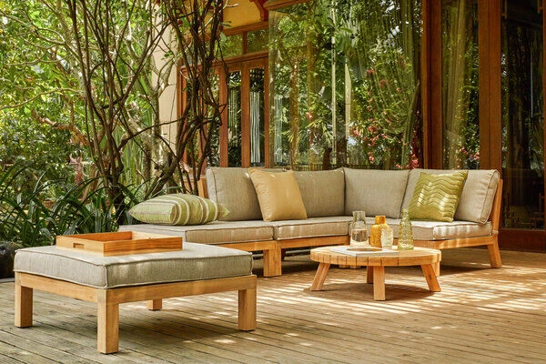 OUTFLEXX Ecklounge, Akazie, 5 Personen, Inkl. Tisch ø 80 Cm Und Polster Aus Olefin In Hellbraun 1 OUTFLEXX Ecklounge, Akazie, 5 Personen, Inkl. Tisch ø 80 Cm Und Polster Aus Olefin In Hellbraun