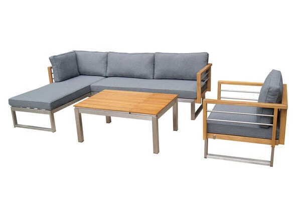OUTFLEXX Ecklounge, Natur/grau, Edelstahl/Teak, 5 Personen, Inklusive Sessel Und Multifunktionstisch 100 X 70 Cm, Lehne Links 1 OUTFLEXX Ecklounge, Natur/grau, Edelstahl/Teak, 5 Personen, Inklusive Sessel Und Multifunktionstisch 100 X 70 Cm, Lehne Links