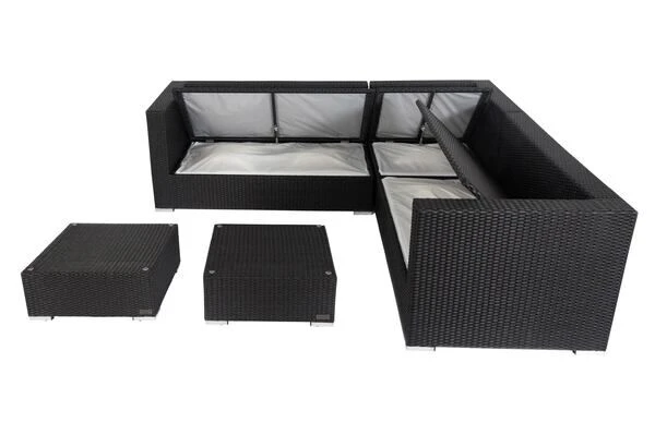 OUTFLEXX Loungemöbel-Set, Schwarz, Polyrattan, 6 Personen, Wasserfeste Kissenbox, Inkl. Kaffeetisch 2 OUTFLEXX Loungemöbel-Set, Schwarz, Polyrattan, 6 Personen, Wasserfeste Kissenbox, Inkl. Kaffeetisch – Bild 2
