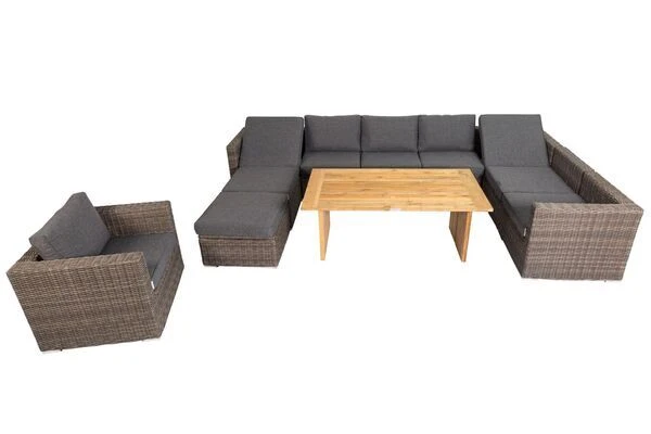 OUTFLEXX Loungegarnitur, Polyrattan/Teakholz, Tisch 160x90cm, Für 10 Personen, Wasserfeste Kissenbox 2 OUTFLEXX Loungegarnitur, Polyrattan/Teakholz, Tisch 160x90cm, Für 10 Personen, Wasserfeste Kissenbox – Bild 2