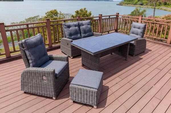 OUTFLEXX Sitzgruppe, Grau, Polyrattan, Tisch 200x95cm, Spraystone, 6mm, 2-Sitzer + 2 Sessel + Hocker 2 OUTFLEXX Sitzgruppe, Grau, Polyrattan, Tisch 200x95cm, Spraystone, 6mm, 2-Sitzer + 2 Sessel + Hocker – Bild 2