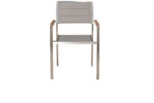 OUTFLEXX Stuhl, Silber, Edelstahl/Textilene, Padded, Armlehnen Aus FSC-Teakholz, 62x56,5x86cm 3 OUTFLEXX Stuhl, Silber, Edelstahl/Textilene, Padded, Armlehnen Aus FSC-Teakholz, 62x56,5x86cm – Bild 3