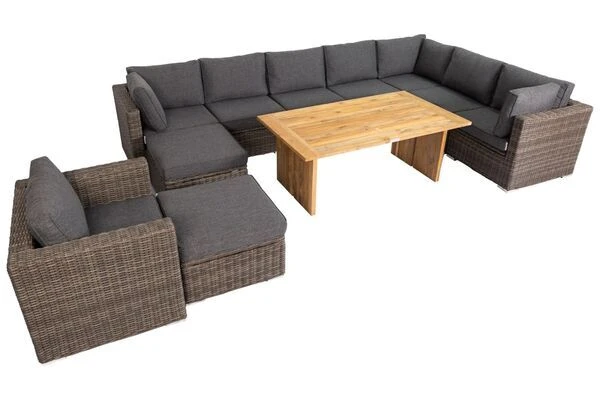 OUTFLEXX Loungegarnitur, Polyrattan/Teakholz, Tisch 160x90cm, Für 10 Personen, Wasserfeste Kissenbox 3 OUTFLEXX Loungegarnitur, Polyrattan/Teakholz, Tisch 160x90cm, Für 10 Personen, Wasserfeste Kissenbox – Bild 3